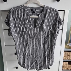 Jones New York Charcoal Gray and White Striped Button Front Top